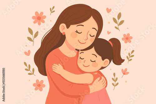 Mother and daughter hug tenderly. Loving mom embraces her little girl. Happy Mother's Day concept. Family love, care, and affection. Cute cartoon vector illustration with flowers.