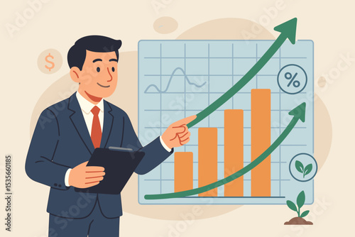 Financial analyst presents a report on stock market growth. Businessman points to a chart with a rising arrow. Concept for investment, business success, finance, and profit.