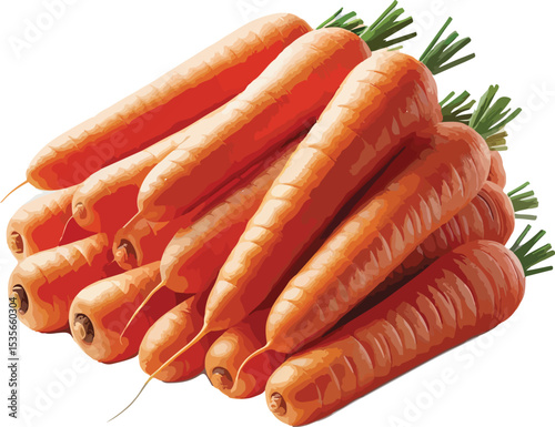 Freshly harvested pile of organic carrots with green tops on a white background
