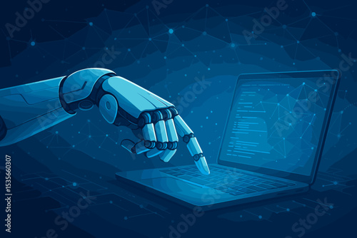 Robot hand working on a laptop. Artificial intelligence, machine learning, and automation concept. Futuristic technology background with neural network, data, and programming code.