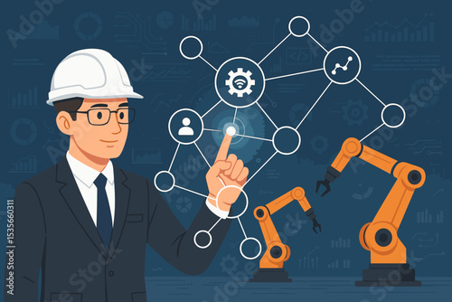 Engineer manager controlling smart factory with virtual interface. Industry 4.0 automation concept with robotic arms, AI, and IoT network. Industrial manufacturing and technology.