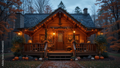 Festive Wooden Cabin Exterior Illuminated with Orange Pumpkins and String Lights During Autumn Evening	
