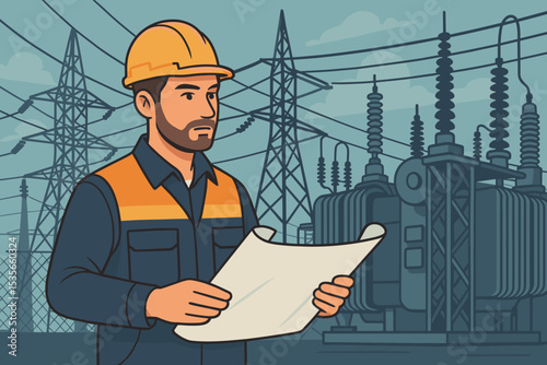 Engineer inspecting blueprint at a power plant. Electrical technician in a hard hat at a substation with a transformer. Concept of energy industry, electricity grid, power generation.