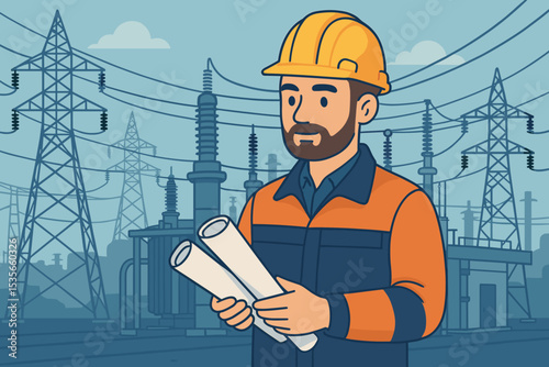 Electrical engineer or technician at a power plant or substation. Male worker with a hard hat holding blueprints. Concept of energy industry, electricity, and power grid. Vector.