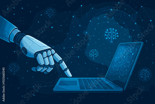 Robot hand touching laptop. Futuristic AI technology concept. Artificial intelligence, machine learning, neural network, automation, and big data processing vector illustration.