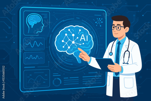 Doctor analyzing brain with AI on futuristic digital screen. Artificial intelligence in medicine, healthcare technology, neuroscience research, neurology diagnosis, medical innovation.