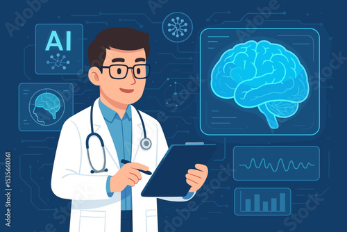 Artificial intelligence in medicine concept. Doctor analyzing human brain scan on futuristic interface. Neurologist using AI for research, diagnosis, and healthcare innovation.