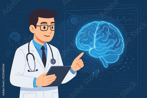 Medical concept with a doctor analyzing the brain. Neurologist studying a digital brain hologram. Futuristic technology for neurology research, diagnosis, and mental health analysis.