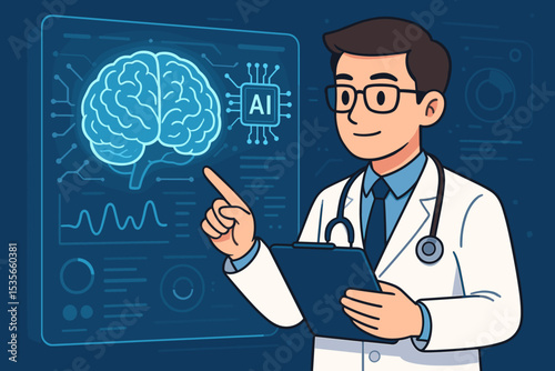 Doctor using AI for brain analysis. Futuristic healthcare technology concept. Neurologist examining brain scan on a digital screen. Artificial intelligence in medicine illustration.