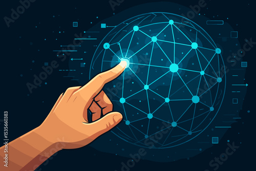 Global communication concept. Finger touching glowing digital network sphere. Future technology, AI, big data, metaverse, and internet connection. Worldwide business innovation vector.