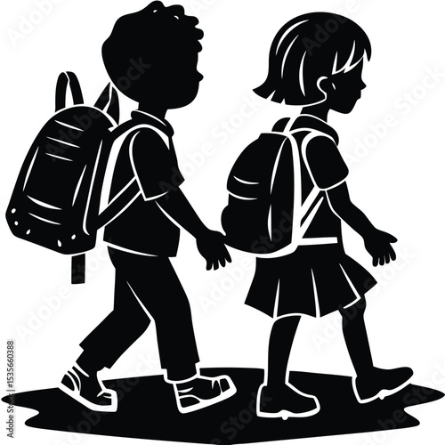 Silhouette of children walking to school with backpacks