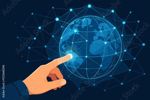 Global network connection concept. Hand touching a digital world globe with futuristic lines. Worldwide communication, internet technology, global business, data exchange vector.
