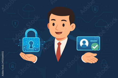 Businessman presenting cybersecurity protection and digital identity verification. Data privacy, online safety, secure access, encryption, information technology, personal data security concept