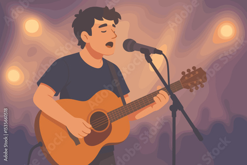 Singer songwriter performing live on stage. Young man playing acoustic guitar and singing into microphone at a music festival. Solo guitarist giving an emotional performance.