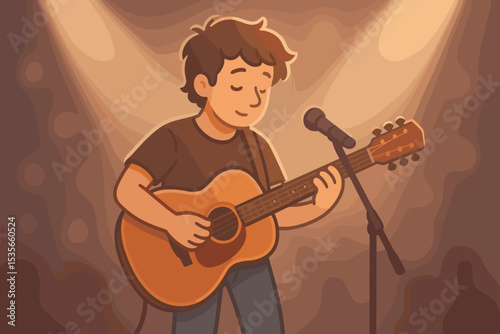 Cartoon musician performing acoustic guitar solo on stage under spotlight. Live concert illustration with singer playing instrument. Music festival performance. Entertainment vector art scene.