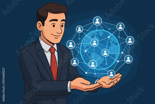 Global Businessman with Network Connections Holding Digital World, Corporate Communication, International Networking, Leadership Concept, Social Media, Technology, Worldwide Team Collaboration