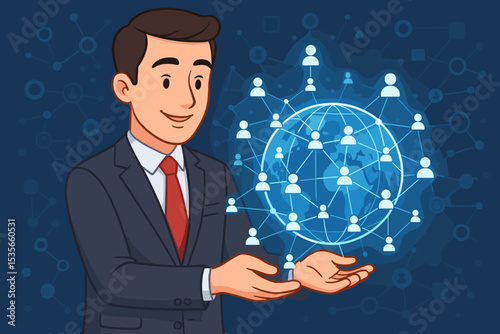 Global Business Network Connectivity Concept. Businessman in Suit Holding Digital Globe with People Icons. Social Media, Communication, Teamwork, International Partnership, Technology, Leadership