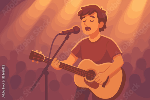 Singer songwriter performing live on stage. Male musician playing acoustic guitar and singing into microphone under a spotlight. Concert, show or open mic night vector illustration.
