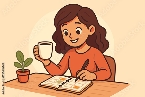 Smiling woman enjoying morning coffee while writing in planner at desk. Daily planning routine, productivity, organization, motivation, time management, cozy workspace, cartoon vector illustration