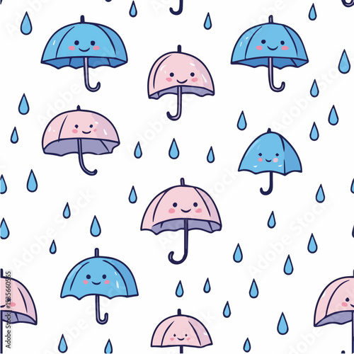 Seamless pattern of cute umbrella with raindrops