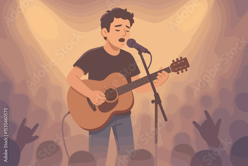Passionate singer-songwriter playing acoustic guitar at a live music festival. Solo artist performing on stage for a crowd. Concept of musician, concert, gig, and show.