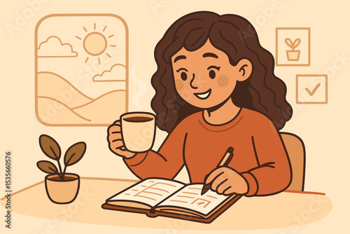 Smiling woman writing in planner and drinking coffee at home desk, morning sunlight, productivity, journaling, daily planning, cozy workspace, motivation, self-care, positive routine