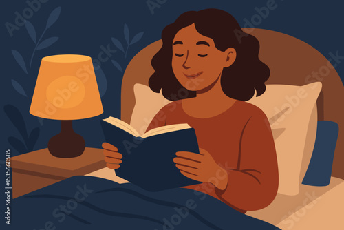 Cozy nighttime reading routine illustration. Woman in bed enjoying a book, warm bedside lamp, peaceful bedroom atmosphere, relaxation, leisure, calm evening, self-care, restful sleep concept