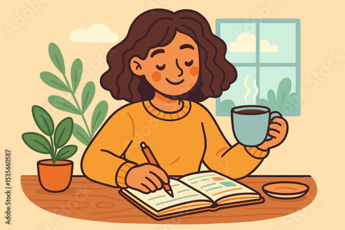 Happy woman with coffee journaling morning routine at home. Cozy workspace with planner, writing, self care, positive mindset, relaxing lifestyle. Cartoon illustration, window and plants, mindfulness