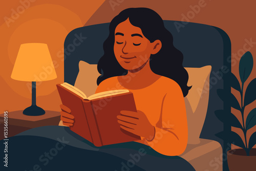 Cozy night reading in bed illustration. Woman relaxing with book under blanket, warm bedside lamp, peaceful bedroom interior. Evening leisure, calm home atmosphere, self-care, quiet time concept