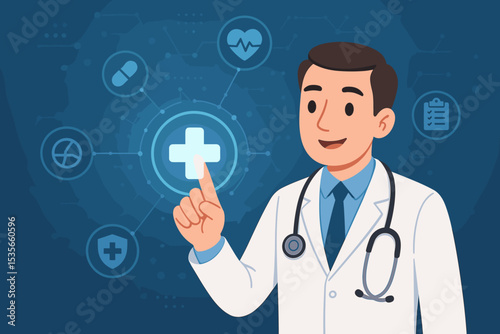 Digital healthcare and medical technology concept. Doctor touching virtual screen with icons. Telemedicine, online consultation, e-health, medical innovation vector illustration.