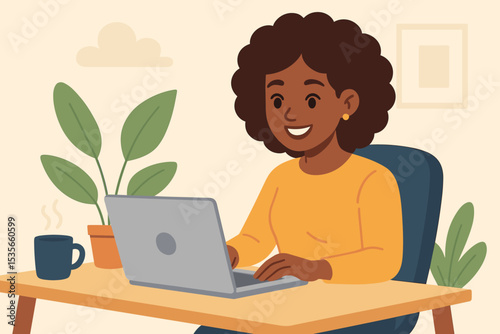 Remote freelance work from home, African American woman using laptop at desk with coffee, potted plants, cozy home office, modern digital workspace, productivity, telecommuting illustration