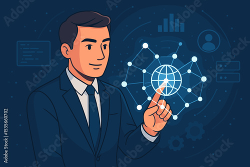 Businessman Initiating Global Network Connection, Digital Network Technology Integration, Futuristic Virtual Interface, Internet Data Exchange, Corporate Innovation, Business Communication