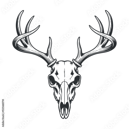 Monochrome Deer Skull with Antlers Vintage Style Illustration Perfect for Tattoo Designs Gothic Art or Wildlife Themed Projects and Designs