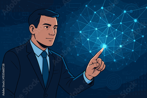 Businessman touching a glowing node on a futuristic digital network interface. Concept of global connection, AI, big data, and business technology innovation and transformation.
