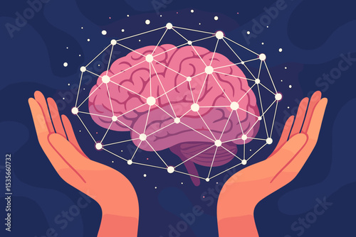 Human brain network and neural connections vector. Artificial intelligence, neuroscience innovation, cognitive science, learning, memory, mental health, mind care, technology concept illustration