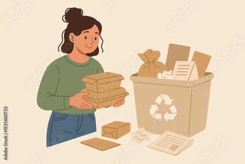 Woman sorting recyclable paper, cardboard, and eco-friendly packaging at home. Sustainable waste management, recycling bin, zero waste lifestyle, environmental conservation vector illustration.