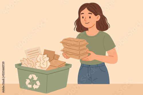 Woman Recycling Paper and Cardboard Waste in Green Bin. Eco Friendly Waste Sorting at Home. Sustainable Lifestyle, Environmental Conservation, Reduce Reuse Recycle Concept, Zero Waste Initiative