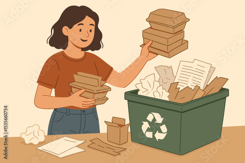 Eco Friendly Waste Sorting for Recycling. Woman Disposing Cardboard and Paper in Green Recycle Bin. Sustainable Lifestyles, Environmental Conservation, Reduce Reuse Recycle Concept Illustration
