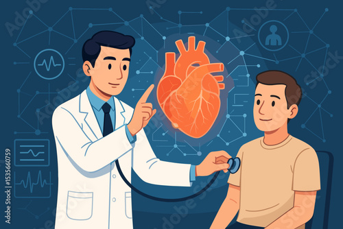 Cardiologist Examining Patient with Digital Heart Illustration, Stethoscope Check Up, Cardiology Consultation, Healthcare Technology, Heart Disease Diagnosis, Medical Innovation Concept