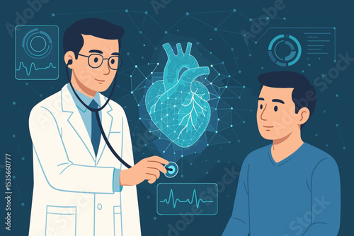 Cardiologist Examining Patient with Stethoscope, Digital Heart Scan, Modern Healthcare Technology, Medical Diagnostics, Cardiology Consultation, Virtual Heart Checkup, Health Monitoring Concept