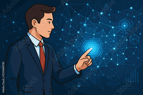 Businessman touching futuristic virtual screen with network grid. Digital transformation, innovation, artificial intelligence, and big data technology concept. Vector illustration.