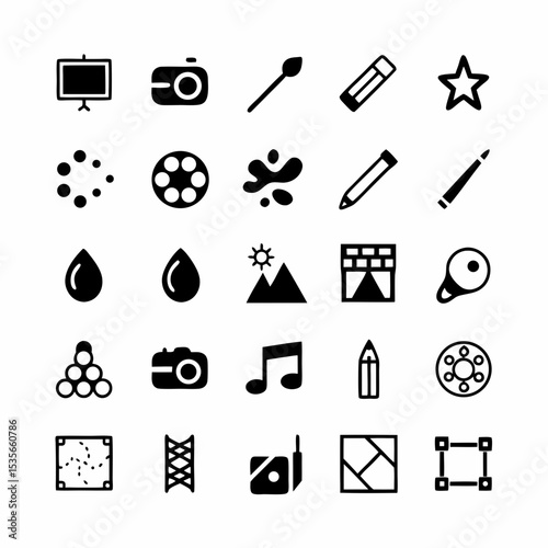 Create a vibrant icon set depicting a paint palette overflowing with colorful paints and a paintbrush poised for artistic expression.