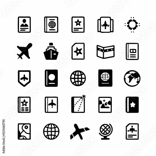 Create a clean, modern icon pack depicting various passport and visa stamps, including travel document symbols.  Include diverse visa types.