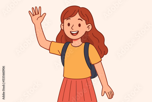 Cheerful schoolgirl waving hello, smiling friendly child with backpack, welcoming gesture, casual outfit, happy student, back to school, elementary education, warm greeting illustration