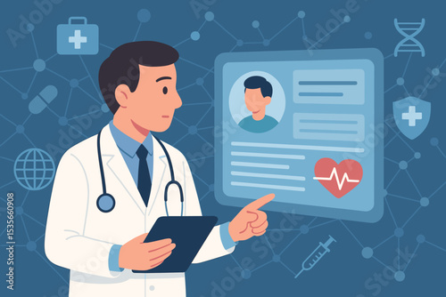 Medical Doctor with Digital Tablet Explaining Electronic Health Records. Modern Healthcare Technology, Patient Data Analysis, Online Medical Consultation, Telemedicine, Digital Health Network Concept
