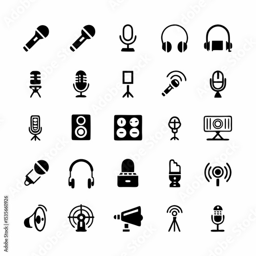 Create a diverse set of professional podcast and broadcast icons, including microphones, headphones, waves, and play buttons, suitable for app interfaces and websites.