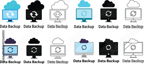 Collection of data backup icons representing cloud storage and digital data synchronization on computers