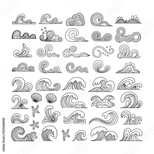 Minimalist Ocean Wave and Sea Life Line Art Icons – Black and White Vector Set