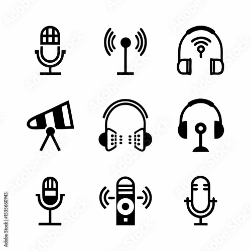 Design a professional icon set representing podcasting and broadcasting, including microphones, headphones, sound waves, and radio towers.  Include both line art and filled versions.