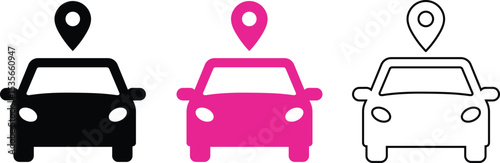 Set of car icons with location pin symbols representing car navigation and tracking services